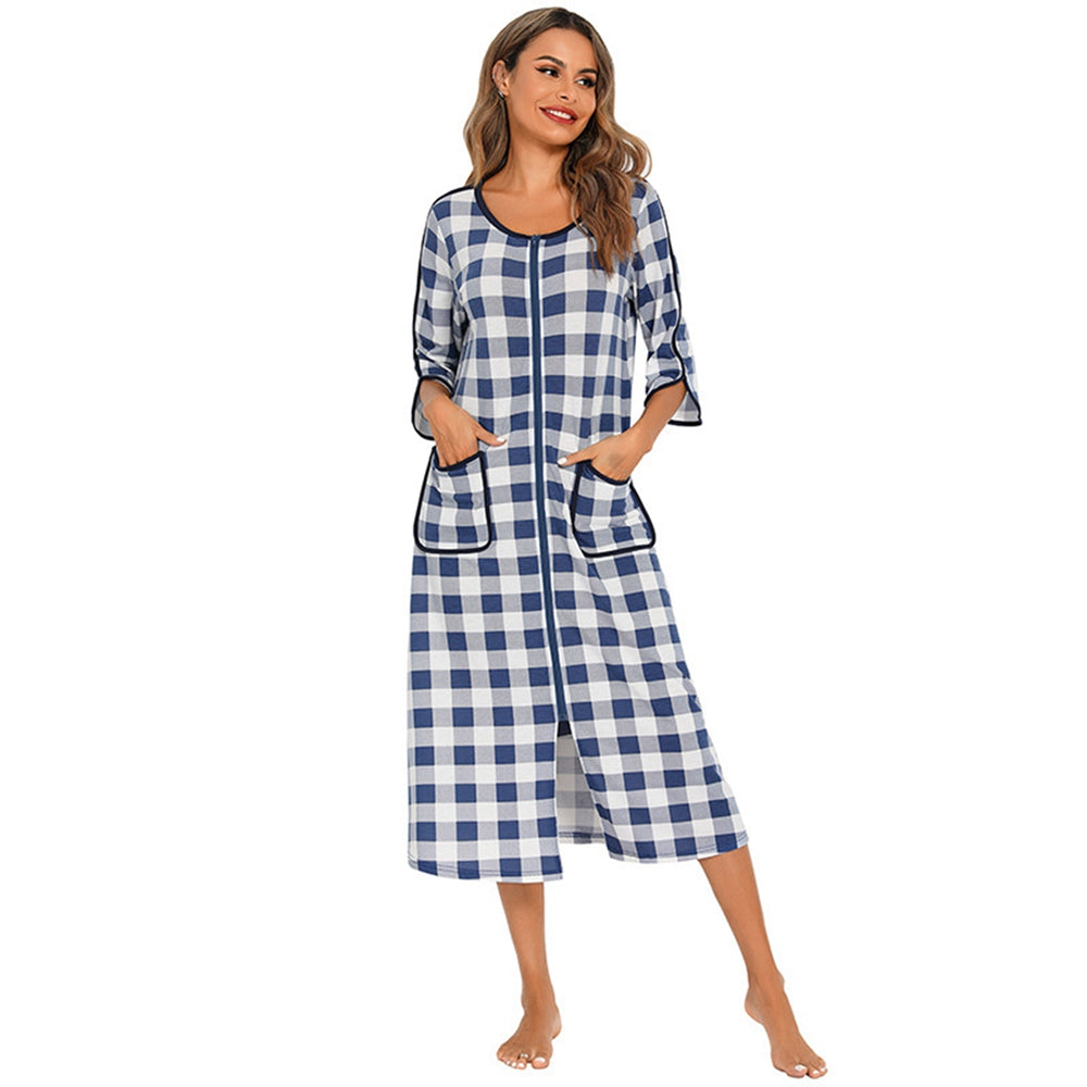 Women's Cozy Autumn Plaid Zipper Robe | Soft Long Nightgown & Warm Maternity Loungewear | Zipper-Front Bathrobe Pajamas - Premium robe from Lizard Vigilante - Just $23.88! Shop now at Lizard Vigilante