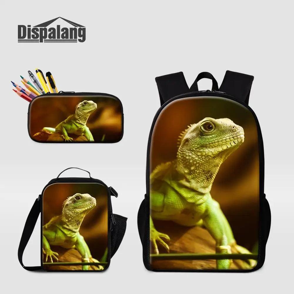 3 Piece Pencil Case School Bags Set Lizard Picnic Food Cooler Lizard Vigilante Reptile Print Schoolbag Boys Fashion Bagpack Children - Premium  from Lizard Vigilante - Just $64.69! Shop now at Lizard Vigilante