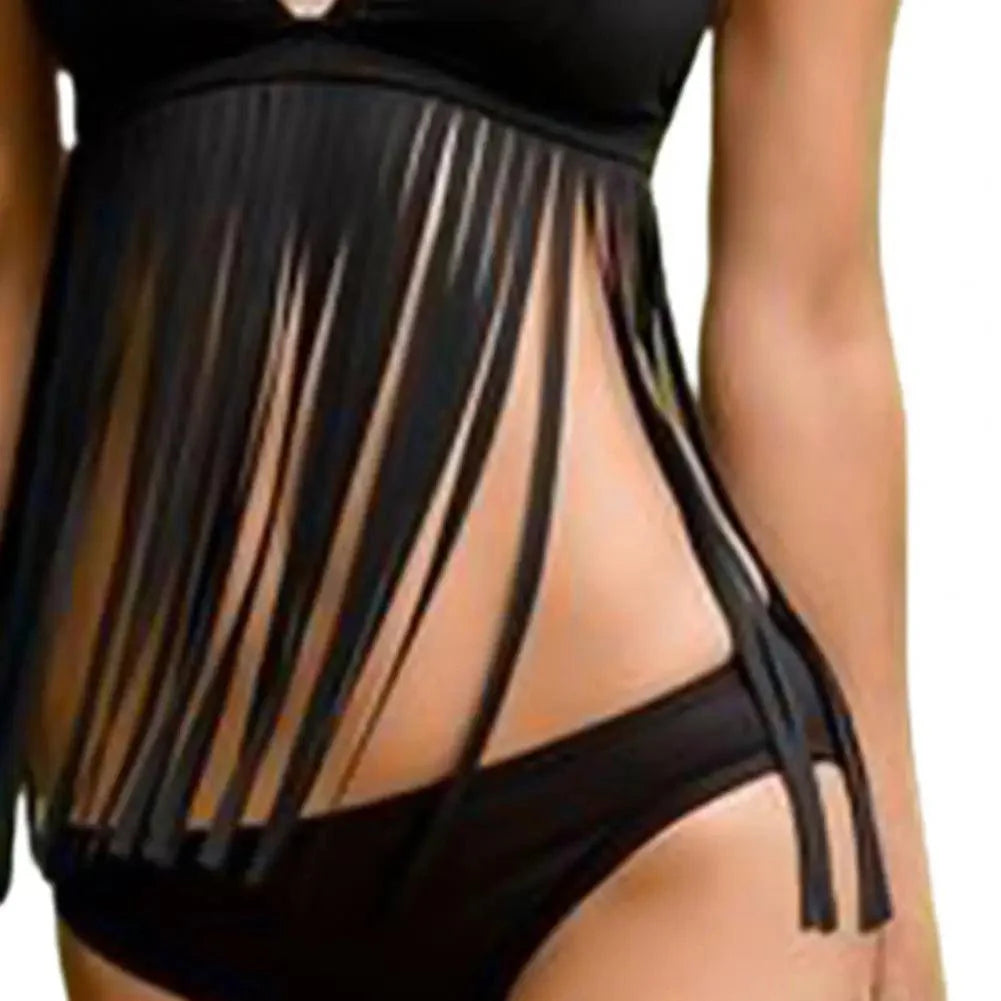 Two-Piece Bikini Swimsuit Split Bodycon Tassel Design Bandage Halter Belly Covering Bathing Suit Women Swimwear Beach Wear - Premium  from Lizard Vigilante - Just $29.99! Shop now at Lizard Vigilante