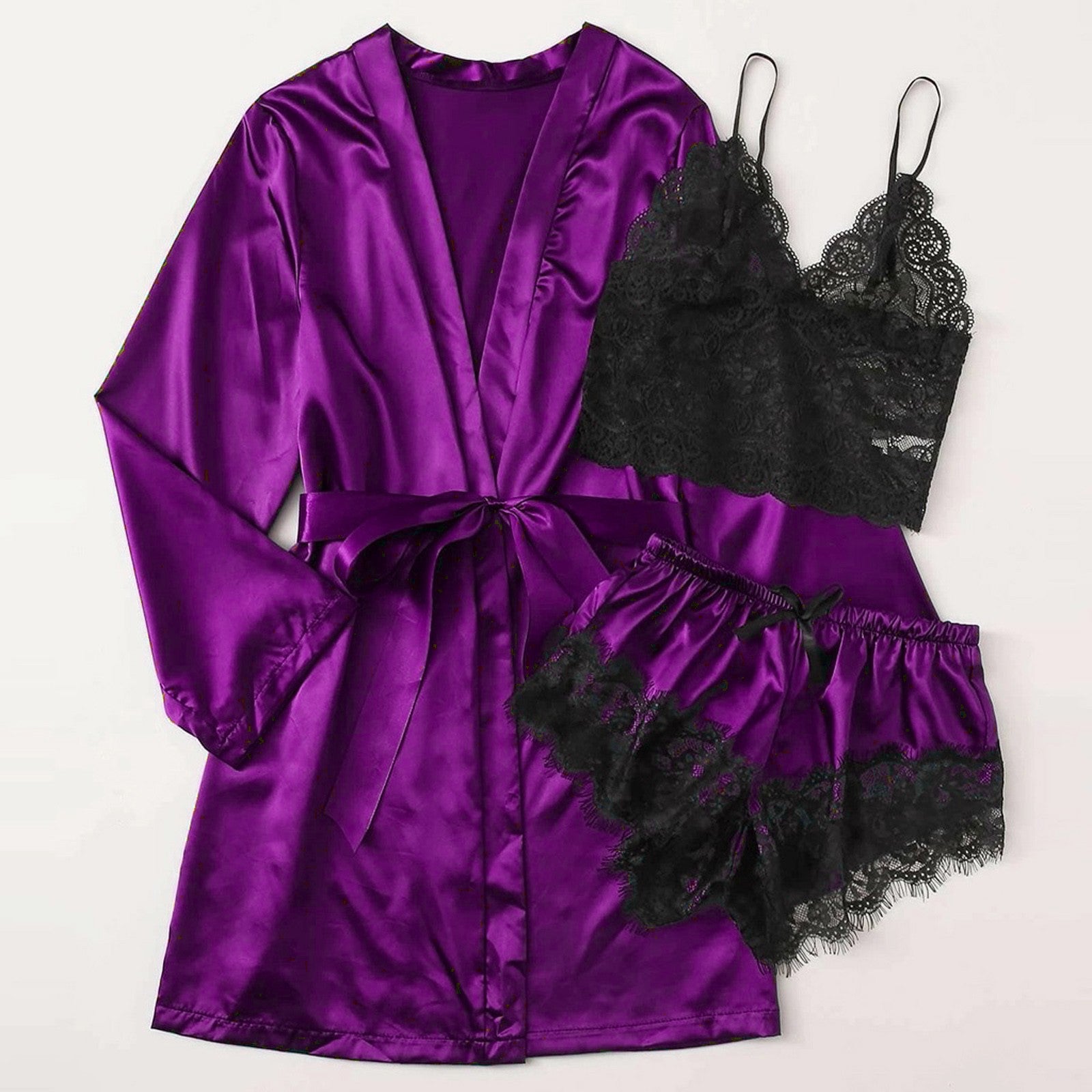 3-Piece Satin Silk Pajamas Set for Women – Sexy Lace Nightwear with Shorts, Robe, and Nightgown Sleepwear - Premium robe from Lizard Vigilante - Just $22.88! Shop now at Lizard Vigilante