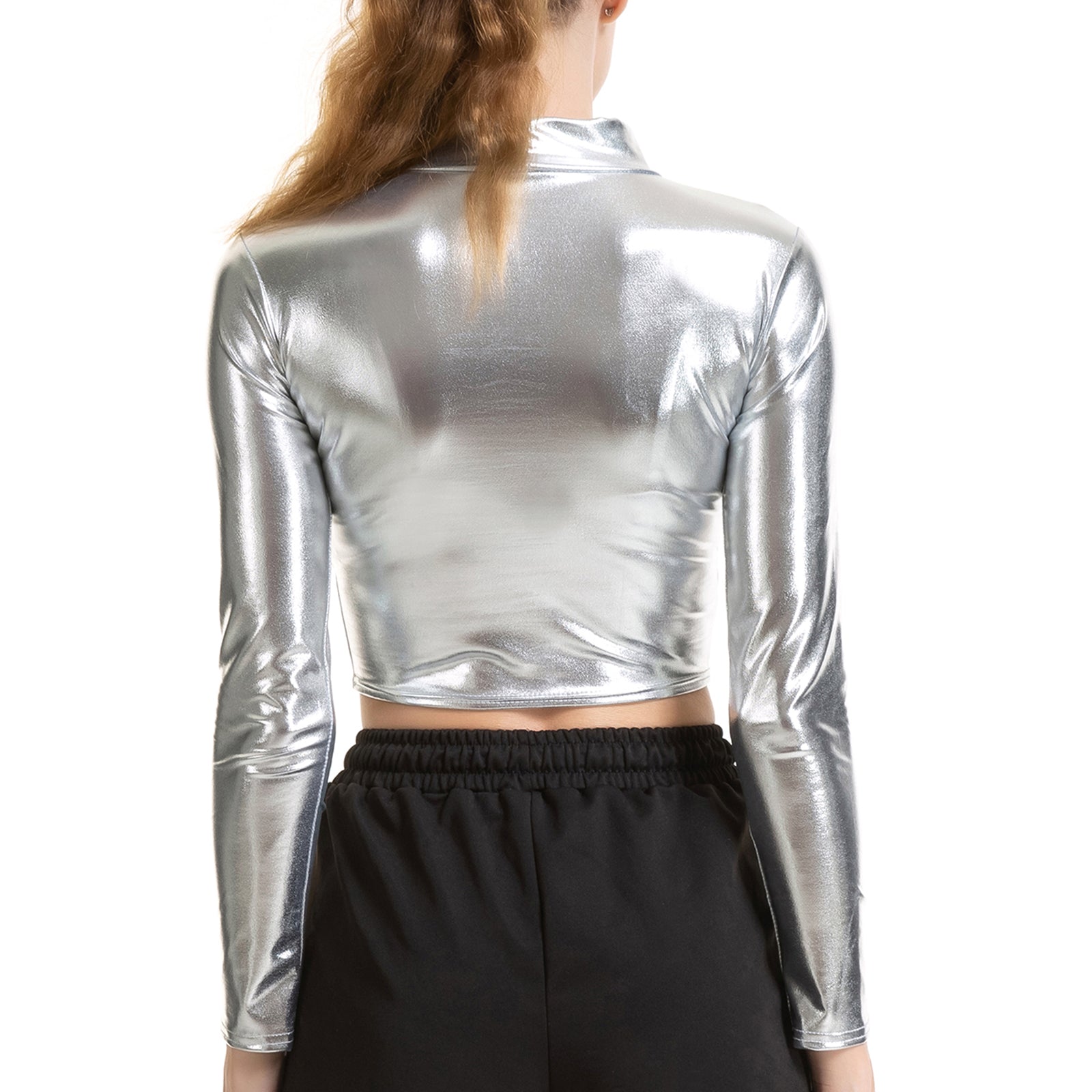 Women Pole Dance Clothing Mock Neck Nightclub Party Festival Rave Crop Top Shiny Metallic Sexy Punk Pole Dance Stage Costumes - Premium  from Lizard Vigilante - Just $17.99! Shop now at Lizard Vigilante