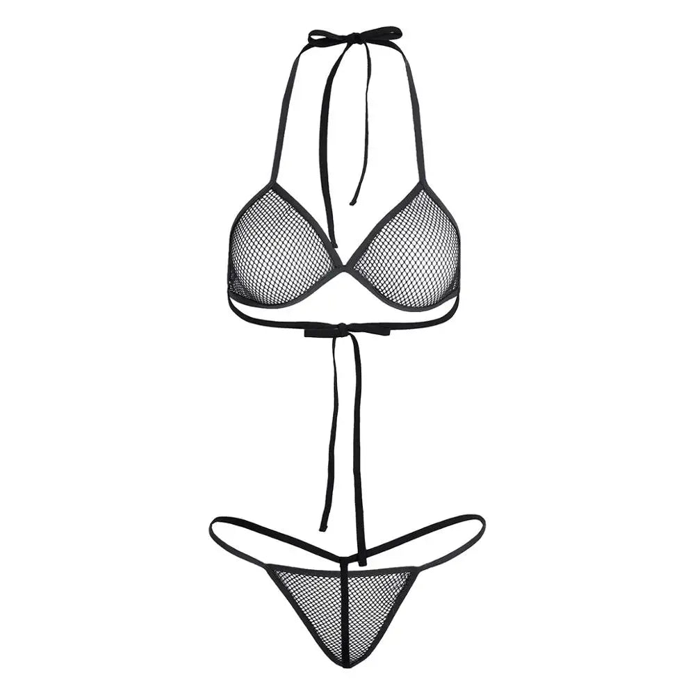 Women See-through Bikini Brazilian Swimsuit Bra Top with G-string Thongs Briefs Swimwear Set Lingerie Fishnet Mini Bikini Set - Lizard Vigilante