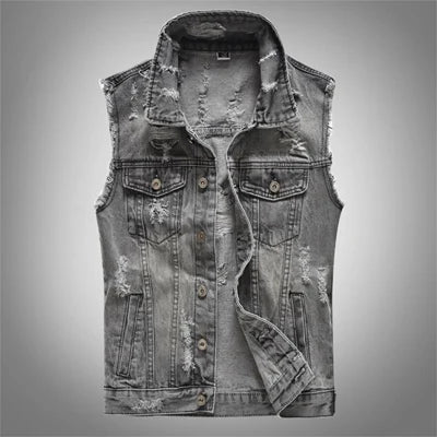 DIMUSI Spring Vintage Design Men's Denim Vest – Retro Sleeveless Jacket with Ripped Holes - Premium denim vest from Lizard Vigilante - Just $38.88! Shop now at Lizard Vigilante