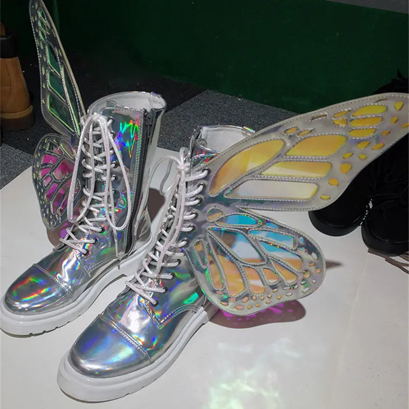 Butterfly Wings Silver Leather High-Top Sneakers | Shine Bling Ankle Platform Boots | Women's Lace-Up Motorcycle Style 2024 - Premium boots from Lizard Vigilante - Just $98.88! Shop now at Lizard Vigilante