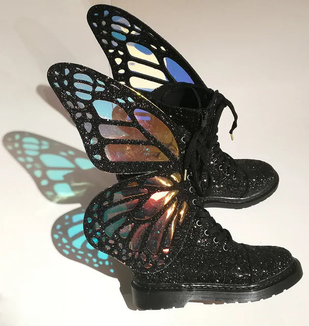 Butterfly Wings Silver Leather High-Top Sneakers | Shine Bling Ankle Platform Boots | Women's Lace-Up Motorcycle Style 2024 - Premium boots from Lizard Vigilante - Just $98.88! Shop now at Lizard Vigilante