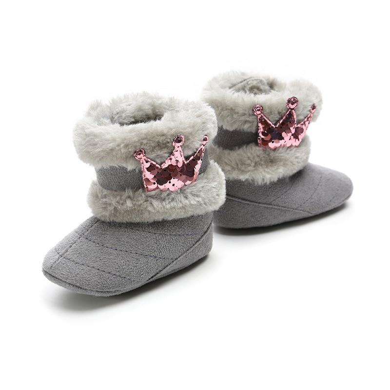 Newborn Infant Baby Girls Winter Warm Crown Fur Mid-Calf Length Slip-On Furry Boots 0-18M