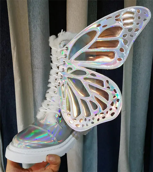 Butterfly Wings Silver Leather High-Top Sneakers | Shine Bling Ankle Platform Boots | Women's Lace-Up Motorcycle Style 2024 - Premium boots from Lizard Vigilante - Just $98.88! Shop now at Lizard Vigilante