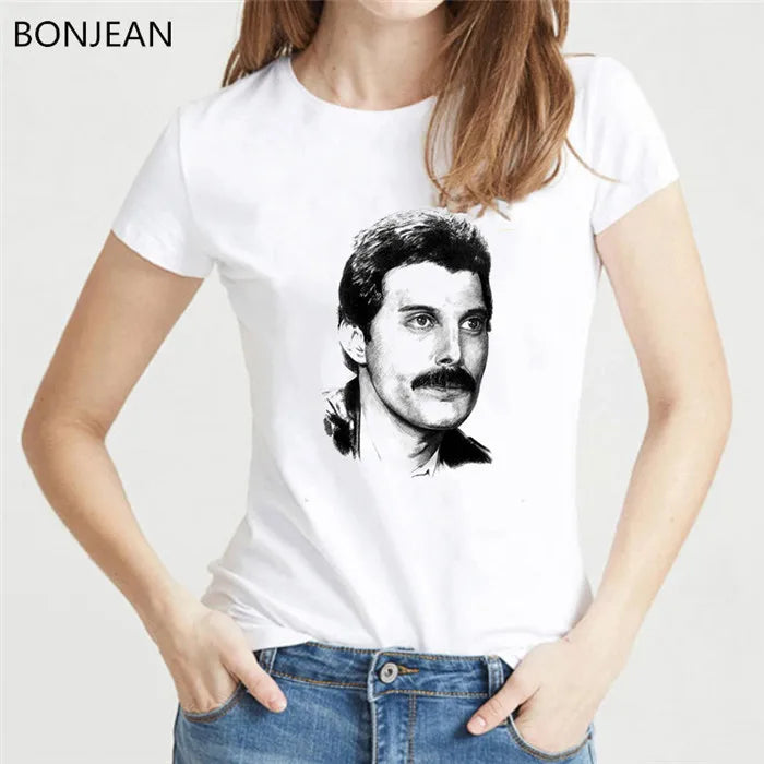 Vintage Freddie Mercury T-Shirt for Women | Retro Queen Band Graphic Tee | 2024 Hipster Casual Summer Tops - Premium T-Shirt from Lizard Vigilante - Just $23.88! Shop now at Lizard Vigilante