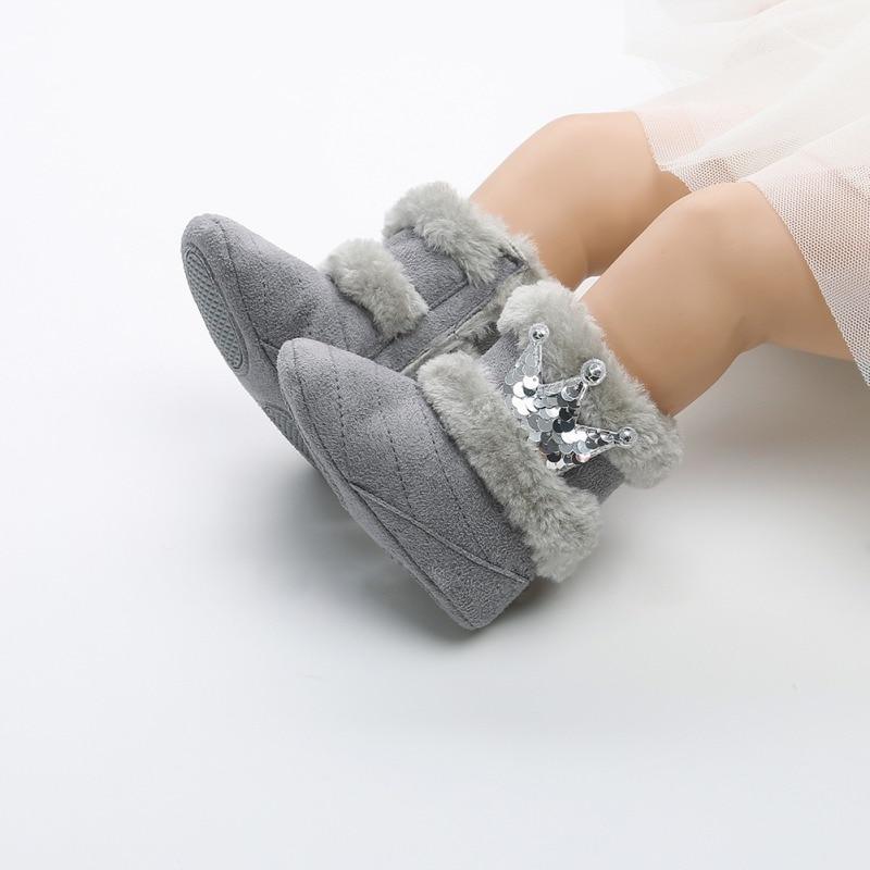 Newborn Infant Baby Girls Winter Warm Crown Fur Mid-Calf Length Slip-On Furry Boots 0-18M