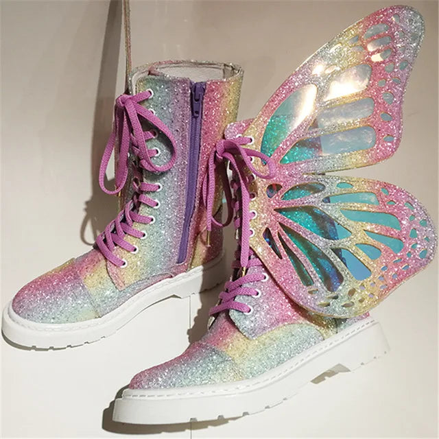 Butterfly Wings Silver Leather High-Top Sneakers | Shine Bling Ankle Platform Boots | Women's Lace-Up Motorcycle Style 2024 - Premium boots from Lizard Vigilante - Just $98.88! Shop now at Lizard Vigilante