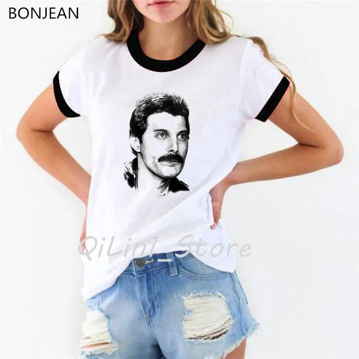 Vintage Freddie Mercury T-Shirt for Women | Retro Queen Band Graphic Tee | 2024 Hipster Casual Summer Tops - Premium T-Shirt from Lizard Vigilante - Just $23.88! Shop now at Lizard Vigilante