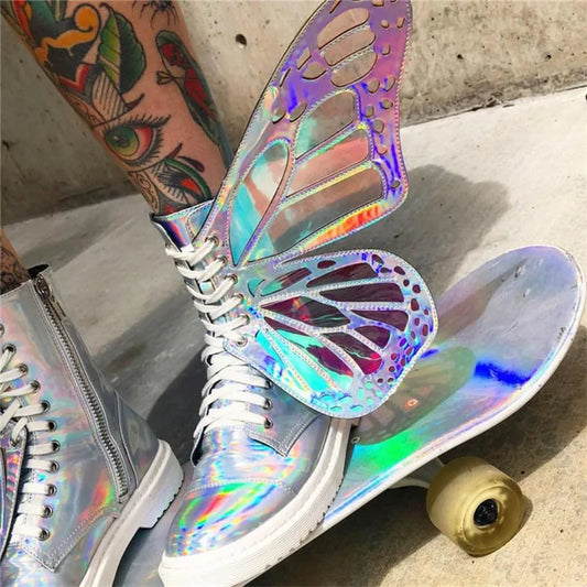 Butterfly Wings Silver Leather High-Top Sneakers | Shine Bling Ankle Platform Boots | Women's Lace-Up Motorcycle Style 2024 - Premium boots from Lizard Vigilante - Just $98.88! Shop now at Lizard Vigilante