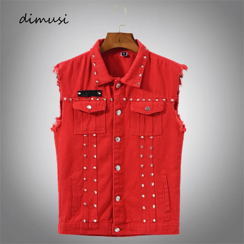 DIMUSI Autumn Mens Vest Vintage Denim Jeans Vest Male Red Revit Sleeveless Jackets Men Retor Hole Jeans Waistcoats Clothing 5XL - Lizard Vigilante