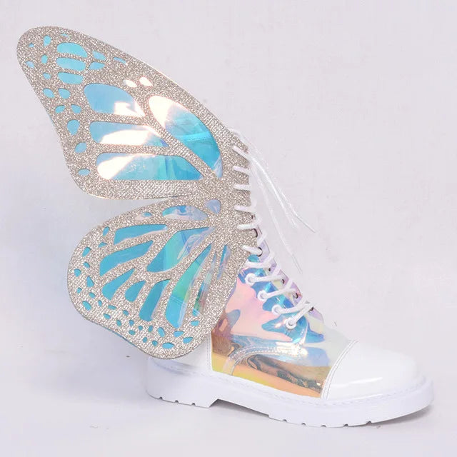 Butterfly Wings Silver Leather High-Top Sneakers | Shine Bling Ankle Platform Boots | Women's Lace-Up Motorcycle Style 2024 - Premium boots from Lizard Vigilante - Just $98.88! Shop now at Lizard Vigilante