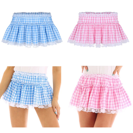 ChicTry Women's Summer Gingham Mini Skirt - Elastic Waist, Lace Hem, Pleated A-Line - Premium mini skirt from Lizard Vigilante - Just $34.88! Shop now at Lizard Vigilante