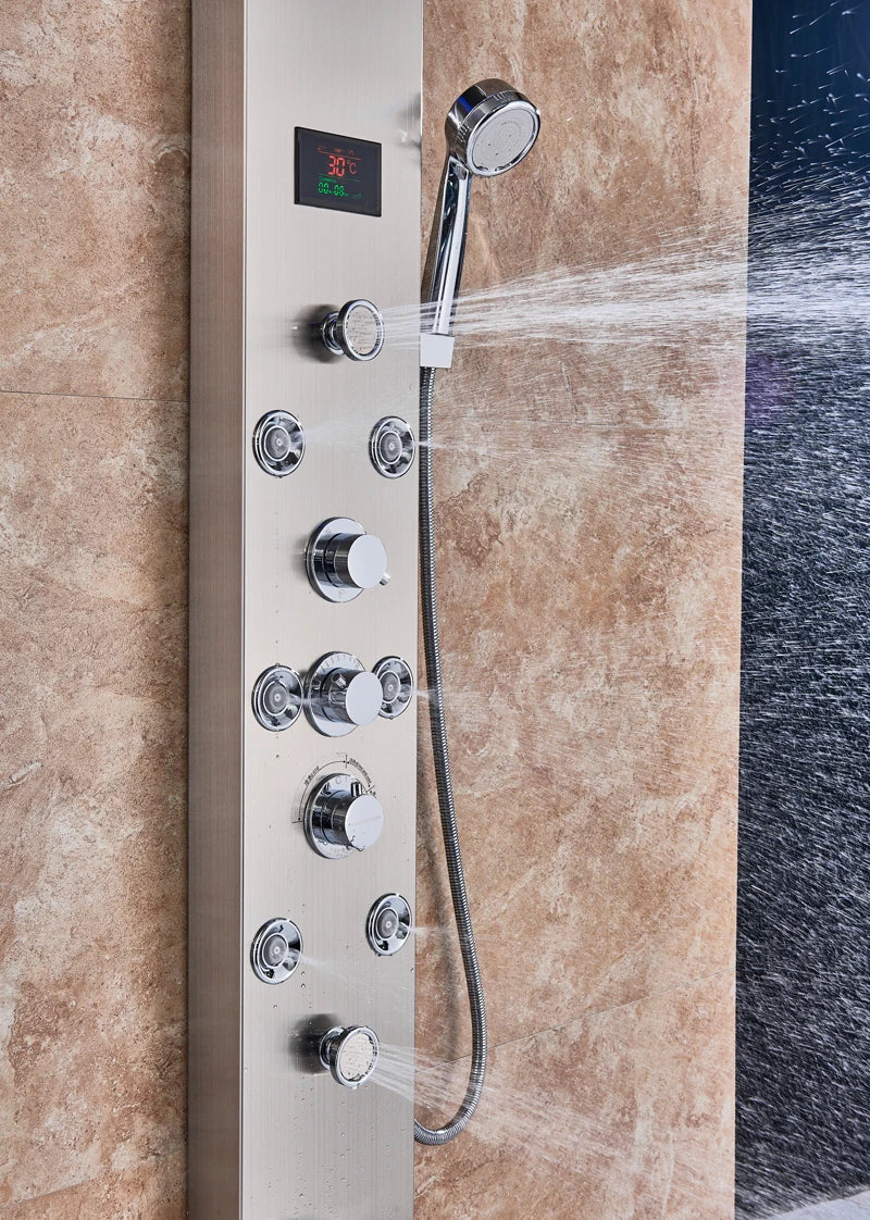 Luxury LED Shower Column Faucet Brushed Nickel SPA Massage Jet Shower Panel Tower Tap Digital Temperature Screen Bathroom Faucet - Premium  from Lizard Vigilante - Just $180.99! Shop now at Lizard Vigilante