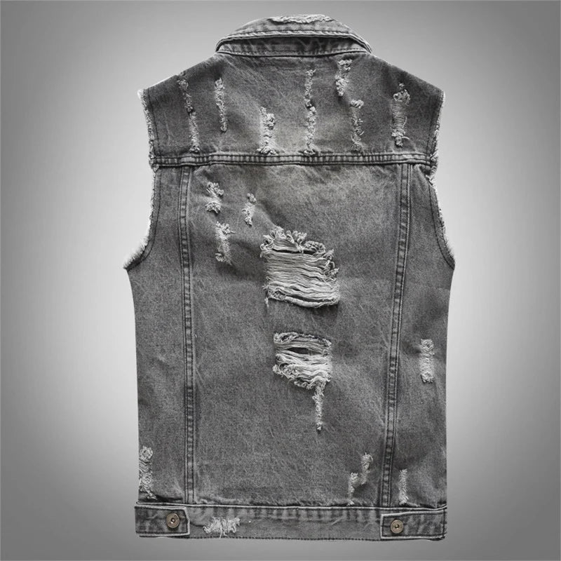 DIMUSI Spring Vintage Design Men's Denim Vest – Retro Sleeveless Jacket with Ripped Holes - Premium denim vest from Lizard Vigilante - Just $38.88! Shop now at Lizard Vigilante