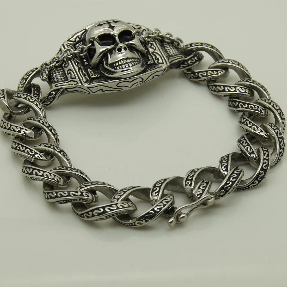 Cool Men's Stainless Steel Skull With Cross Chain Bracelet Jewelry Bracelets Bangles & Punk - Premium skull jewelry from Lizard Vigilante - Just $43.99! Shop now at Lizard Vigilante