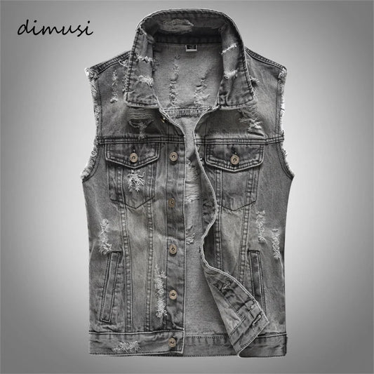 DIMUSI Spring Vintage Design Men's Denim Vest – Retro Sleeveless Jacket with Ripped Holes - Premium denim vest from Lizard Vigilante - Just $38.88! Shop now at Lizard Vigilante