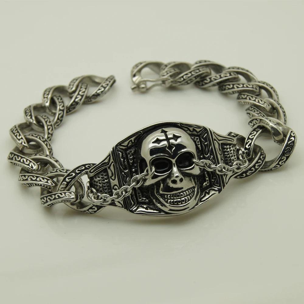 Cool Men's Stainless Steel Skull With Cross Chain Bracelet Jewelry Bracelets Bangles & Punk - Premium skull jewelry from Lizard Vigilante - Just $43.99! Shop now at Lizard Vigilante