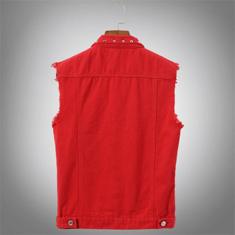 DIMUSI Autumn Mens Vest Vintage Denim Jeans Vest Male Red Revit Sleeveless Jackets Men Retor Hole Jeans Waistcoats Clothing 5XL - Lizard Vigilante