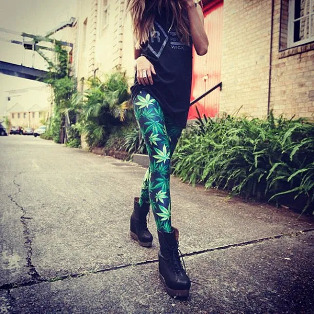 Summer Style Adventure Time Printed Stretch Green Weed Leaf Black Milk Pants Leggings Female Slim Thin Women Pantalones - Lizard Vigilante