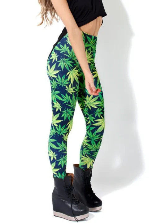 Summer Style Adventure Time Printed Stretch Green Weed Leaf Black Milk Pants Leggings Female Slim Thin Women Pantalones - Lizard Vigilante