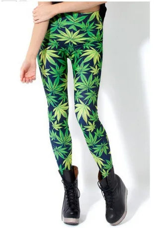 Summer Style Adventure Time Printed Stretch Green Weed Leaf Black Milk Pants Leggings Female Slim Thin Women Pantalones - Lizard Vigilante