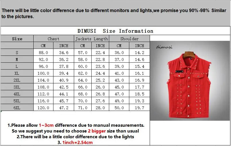 DIMUSI Autumn Mens Vest Vintage Denim Jeans Vest Male Red Revit Sleeveless Jackets Men Retor Hole Jeans Waistcoats Clothing 5XL - Lizard Vigilante