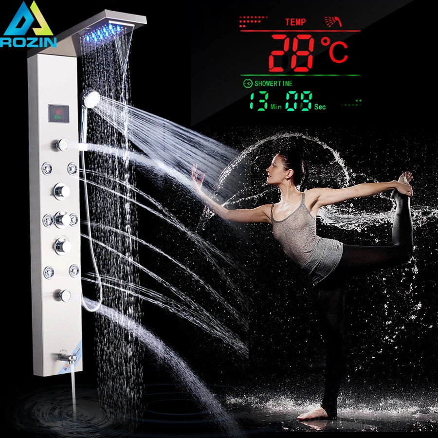 Luxury LED Shower Column Faucet Brushed Nickel SPA Massage Jet Shower Panel Tower Tap Digital Temperature Screen Bathroom Faucet - Premium  from Lizard Vigilante - Just $180.99! Shop now at Lizard Vigilante