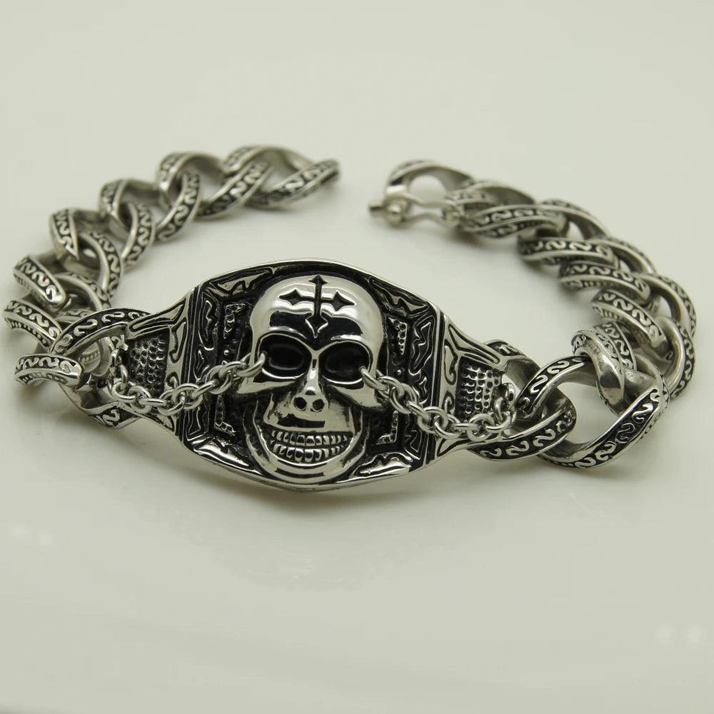 Cool Men's Stainless Steel Skull With Cross Chain Bracelet Jewelry Bracelets Bangles & Punk - Premium skull jewelry from Lizard Vigilante - Just $43.99! Shop now at Lizard Vigilante