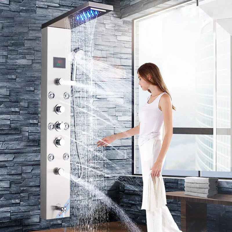 Luxury LED Shower Column Faucet Brushed Nickel SPA Massage Jet Shower Panel Tower Tap Digital Temperature Screen Bathroom Faucet - Premium  from Lizard Vigilante - Just $180.99! Shop now at Lizard Vigilante