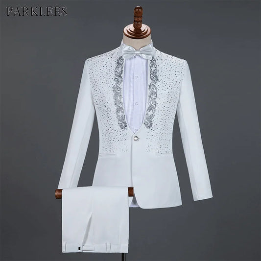 Mens Suits With Pants White Sparkly Crystals Embroidery Wedding Groom Tuxedo Suit Men Stand Collar Stage Costume Homme Mariage - Premium  from Lizard Vigilante - Just $88.88! Shop now at Lizard Vigilante