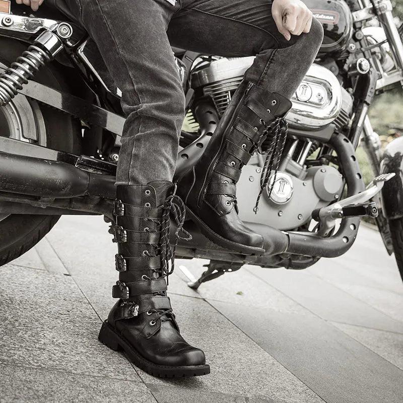 Large Size 38-46 Men's Leather Motorcycle Boots Mid-calf Military Combat Boots Gothic Belt Punk Boots Men Shoes Rock Punk Shoes - Lizard Vigilante