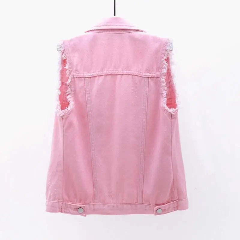 Korean Fashion Pink Denim Vests Women Casual Cowboy Sleevless Jackets Summer Jean Chalecos Mujer Oversize Short Waistcoat - Lizard Vigilante