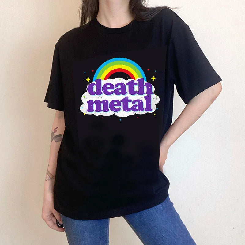 Death Metal Unicorn Black T-Shirt Women's Tees New Rainbow Graphic Tshirt Hip Hop Band Tee - Premium T-Shirt from Lizard Vigilante - Just $22.99! Shop now at Lizard Vigilante