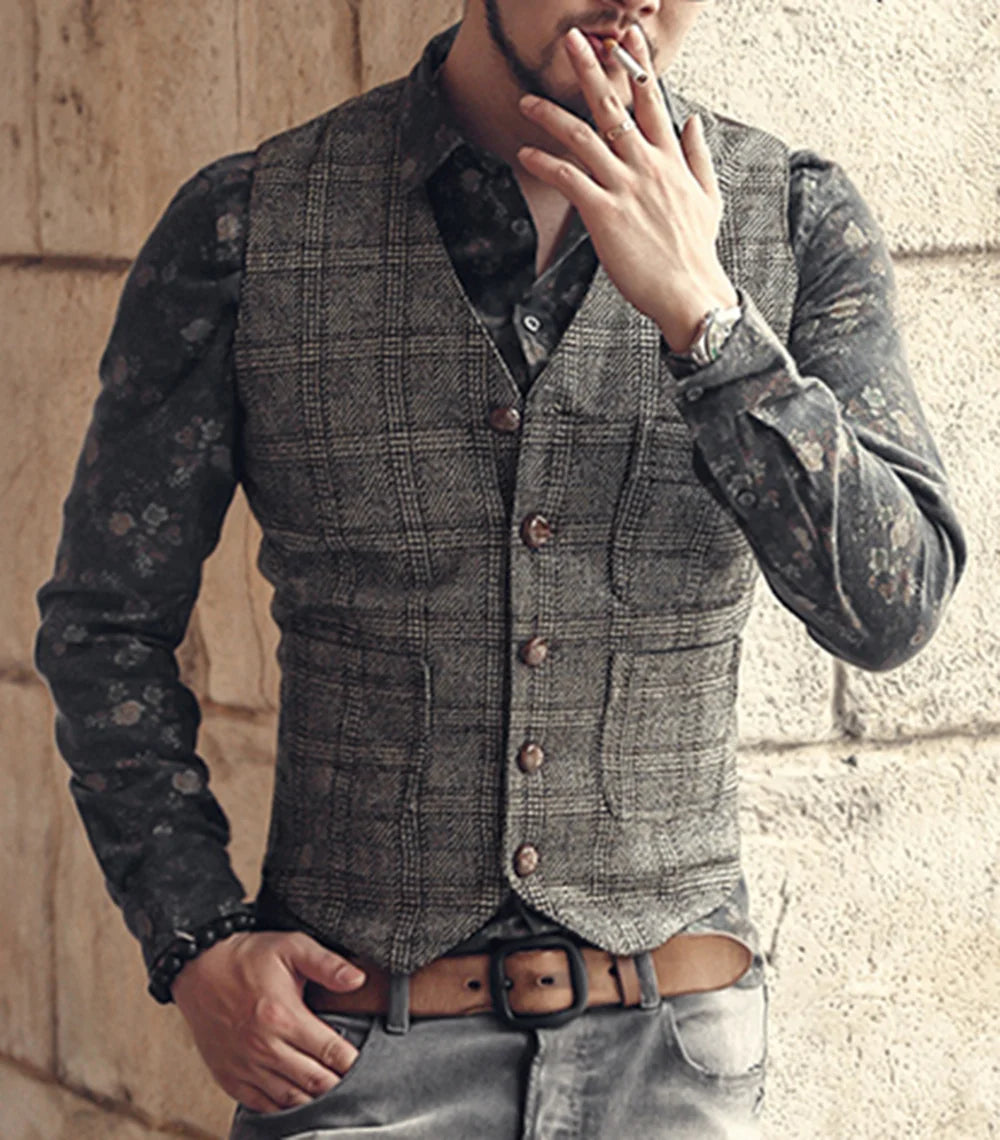 Men’s Vintage Tweed Plaid Vest – Classic Slim Fit Waistcoat for Weddings & Business - Premium vest from Lizard Vigilante - Just $42.88! Shop now at Lizard Vigilante