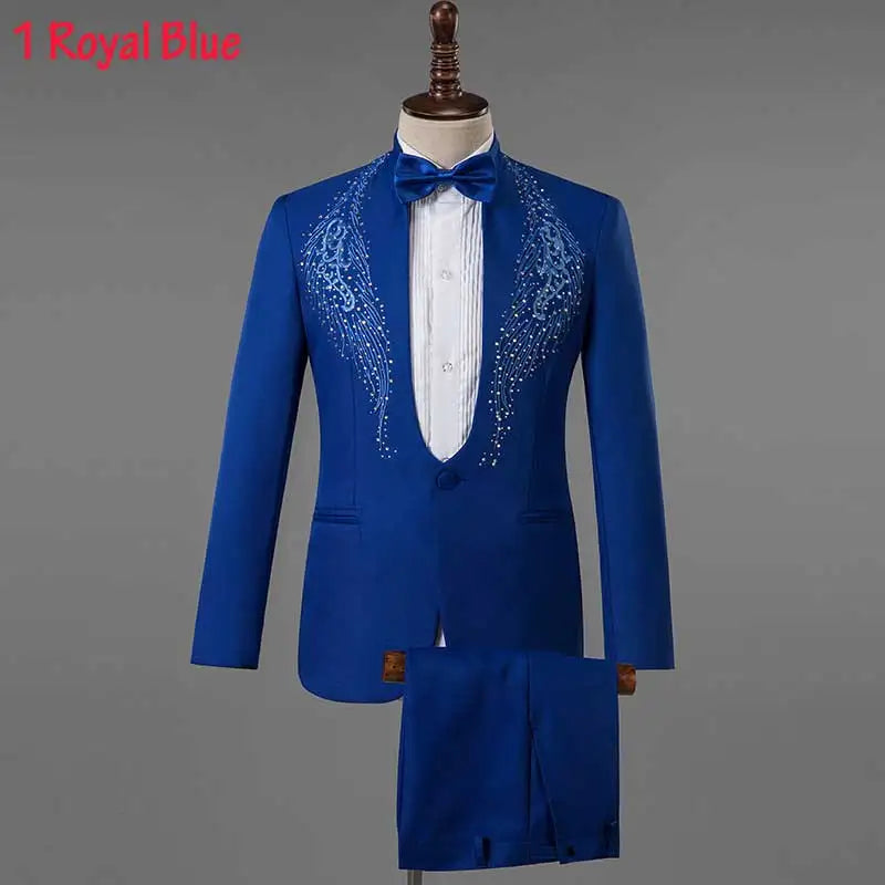 Mens Suits With Pants White Sparkly Crystals Embroidery Wedding Groom Tuxedo Suit Men Stand Collar Stage Costume Homme Mariage - Premium  from Lizard Vigilante - Just $88.88! Shop now at Lizard Vigilante