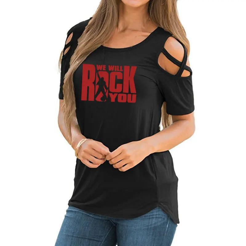 We Will Rock You Women T Shirt Summer Queen Rock Band T-shirt Short Sleeve Rock Roll Womens Off Shoulder Hollow Femme Tops - Lizard Vigilante