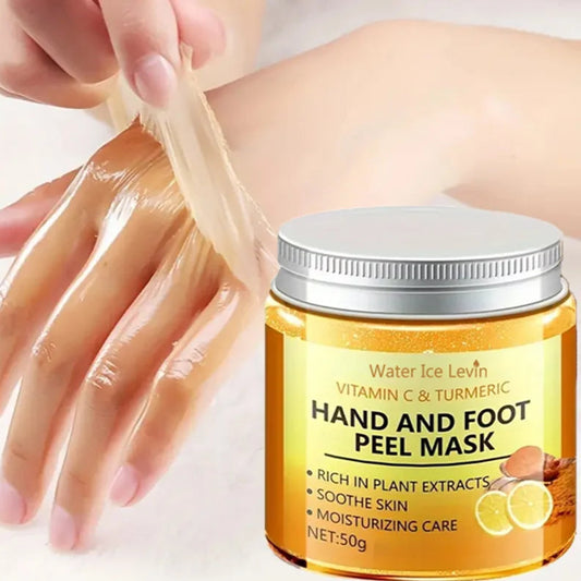 Hand and foot peel mask being applied with a jar of the product in the foreground.