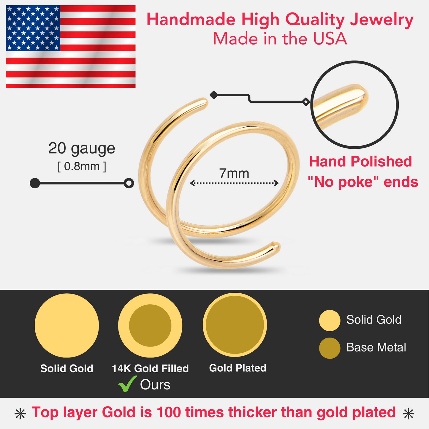 3Pack Double Hoop Nose 14k Gold Filled and 925 Silver Spiral Nose Rings 20G 8mm Right