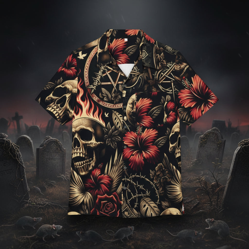 Hawaiian shirt with skull and floral design on a white background