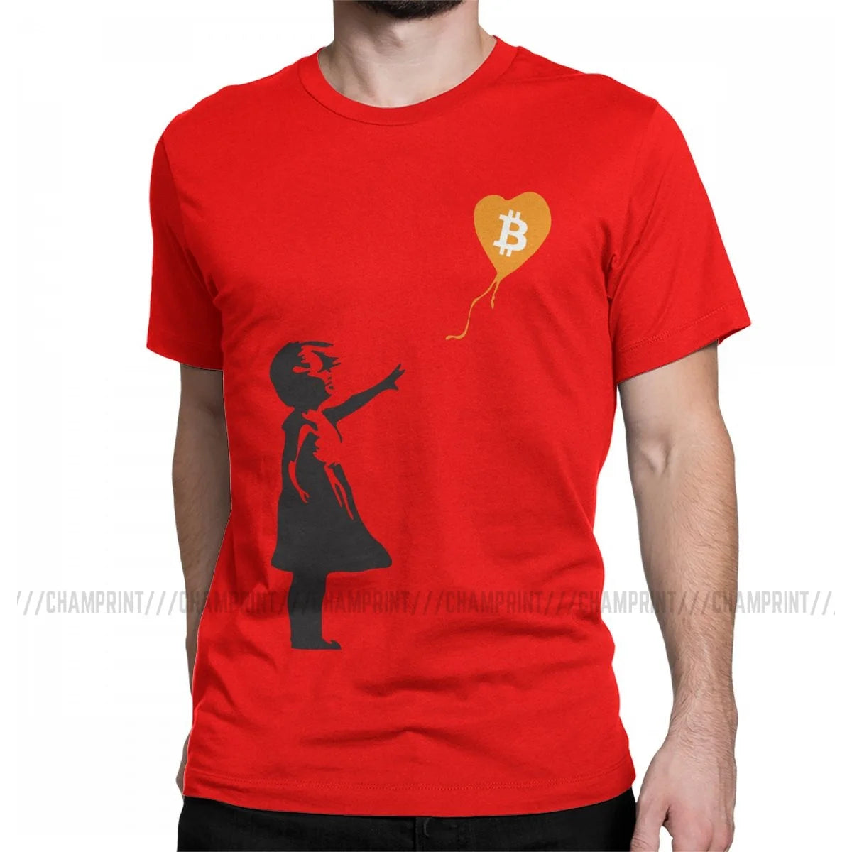 Awesome Bitcoin Balloon Girl Banksy T-Shirt For Men 100% Cotton Crypto BTC Short Sleeve Tee Shirt Graphic Clothes