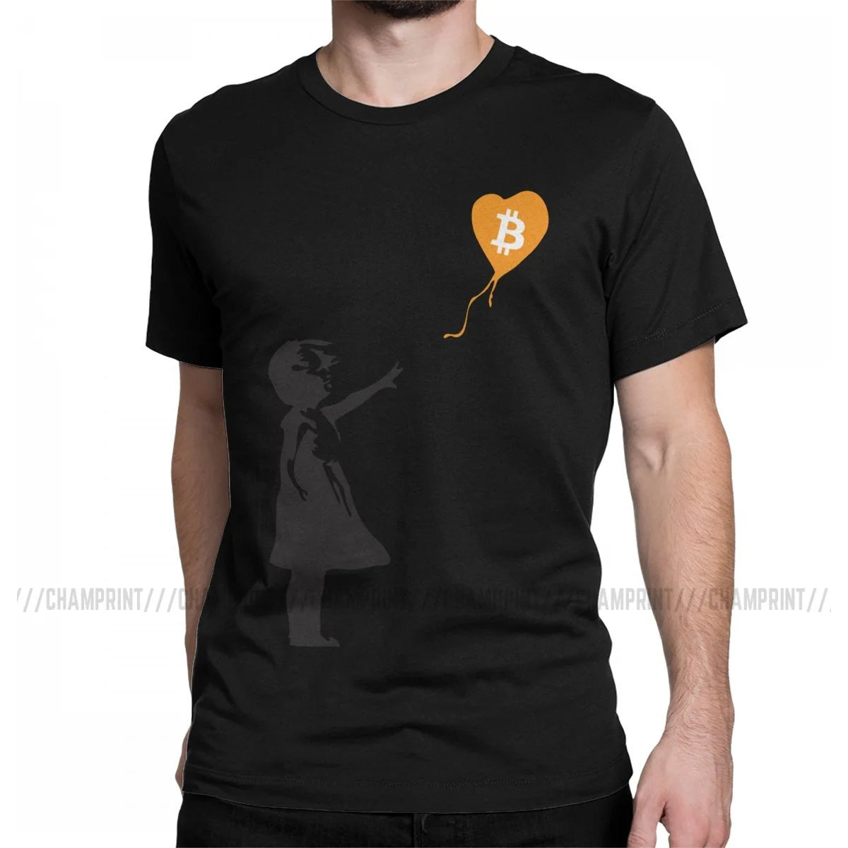 Awesome Bitcoin Balloon Girl Banksy T-Shirt For Men 100% Cotton Crypto BTC Short Sleeve Tee Shirt Graphic Clothes