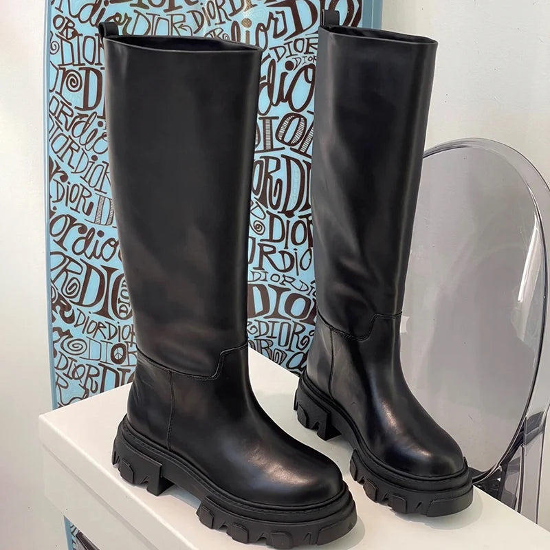 GRAVEWALKER 13: Women’s Cowhide Platform Riding Boots – Punk Leather Knee-Highs with Square Heels for Heavy Winter Impact - Premium boots from dsers - Just $252.22! Shop now at Lizard Vigilante