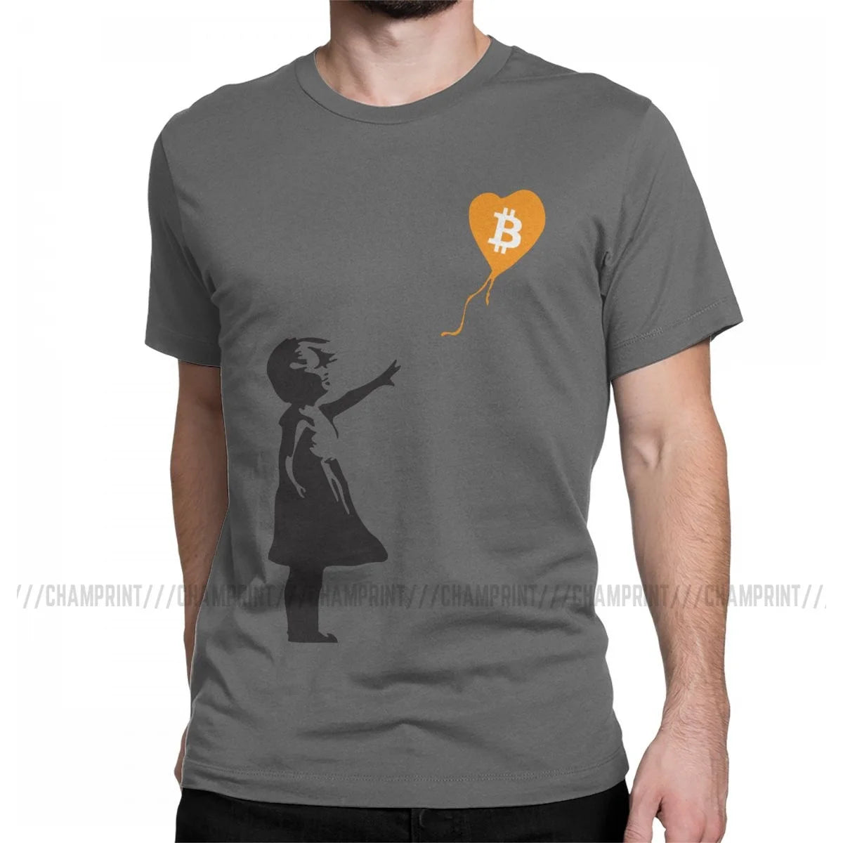 Awesome Bitcoin Balloon Girl Banksy T-Shirt For Men 100% Cotton Crypto BTC Short Sleeve Tee Shirt Graphic Clothes