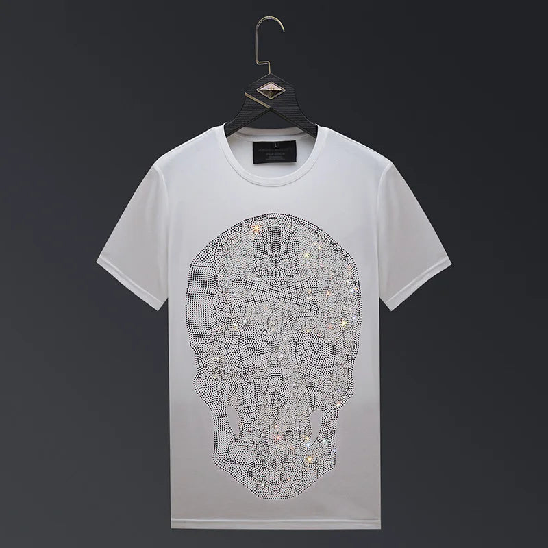 Skulls, Sparkles, and Summer Swagger – Men’s Plus Size Rhinestone Skull T-Shirt, Streetwear O-Neck Slim Fit - Premium tee from Lizard Vigilante - Just $48.88! Shop now at Lizard Vigilante