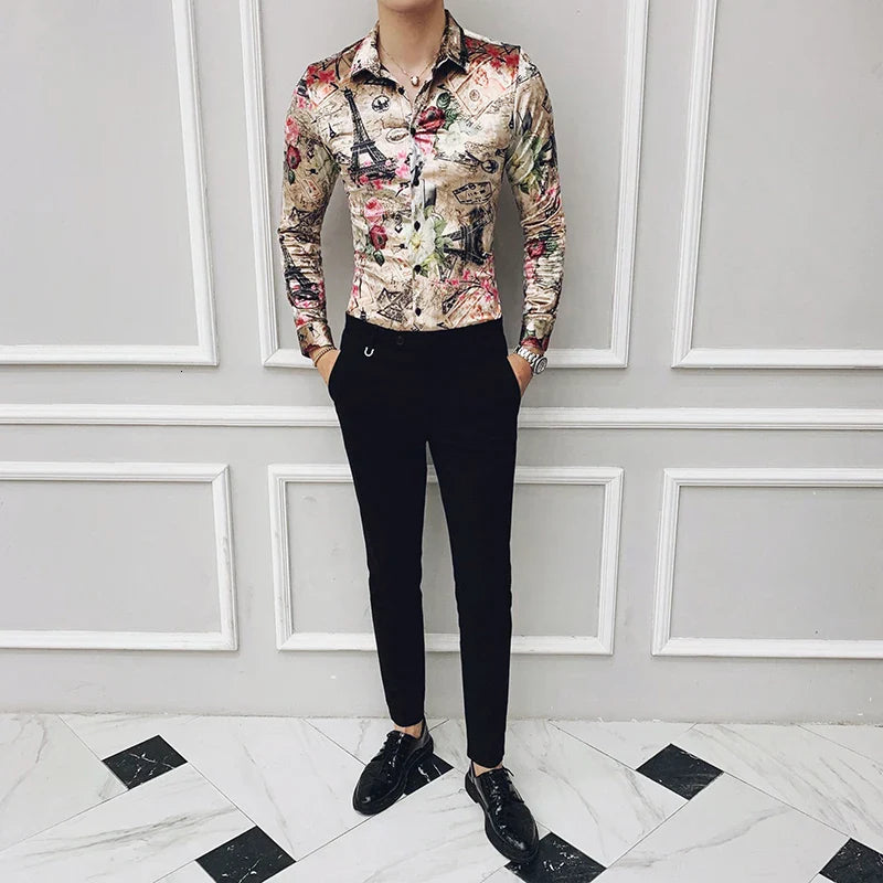 Fashion Print Flannel Clothing Winter Stylish Party Dress Long Sleeves New Shirts Casual Baroque Velvet Shirts Mens Silk Shirts