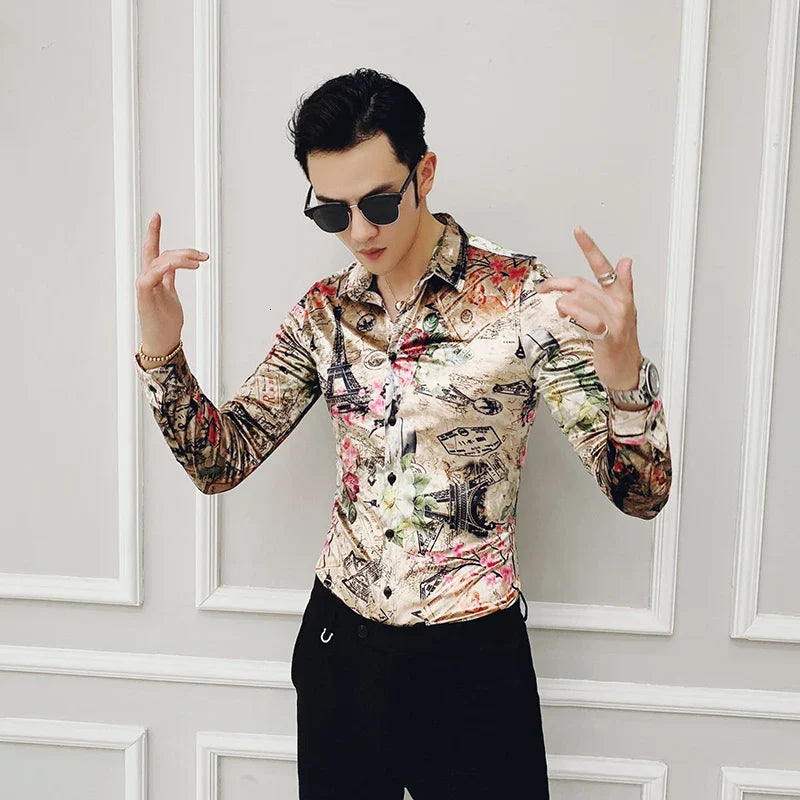 Fashion Print Flannel Clothing Winter Stylish Party Dress Long Sleeves New Shirts Casual Baroque Velvet Shirts Mens Silk Shirts
