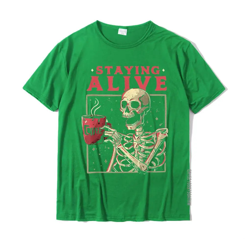 Staying Alive Skeleton Drink Coffee Funny T-Shirt | Unisex Cotton Tee - Premium T-shirts from Lizard Vigilante - Just $23.88! Shop now at Lizard Vigilante